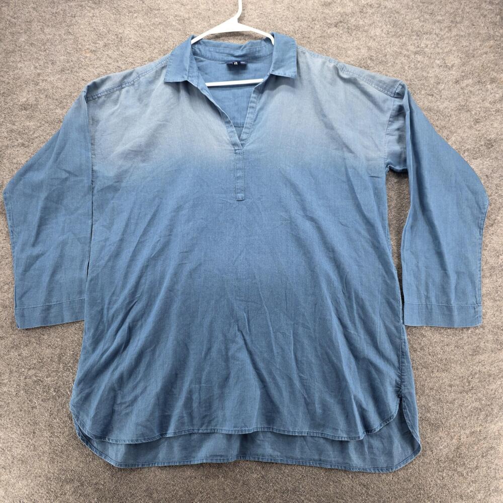 Pure Indigo Tunic Shirt Womens Large Blue Chambray Popover 3/4 Sleeve High Low